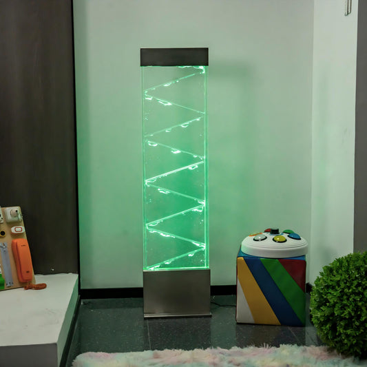 Stainless Steel Triangular Sensory Bubble Wall Panel (122cm) – Corner-Fitting Illuminated Bubble Column & Water Screen Partition with Multi-Color LED & Remote Control for Modern Homes & Snoezelen Rooms (Model HTSS08C)