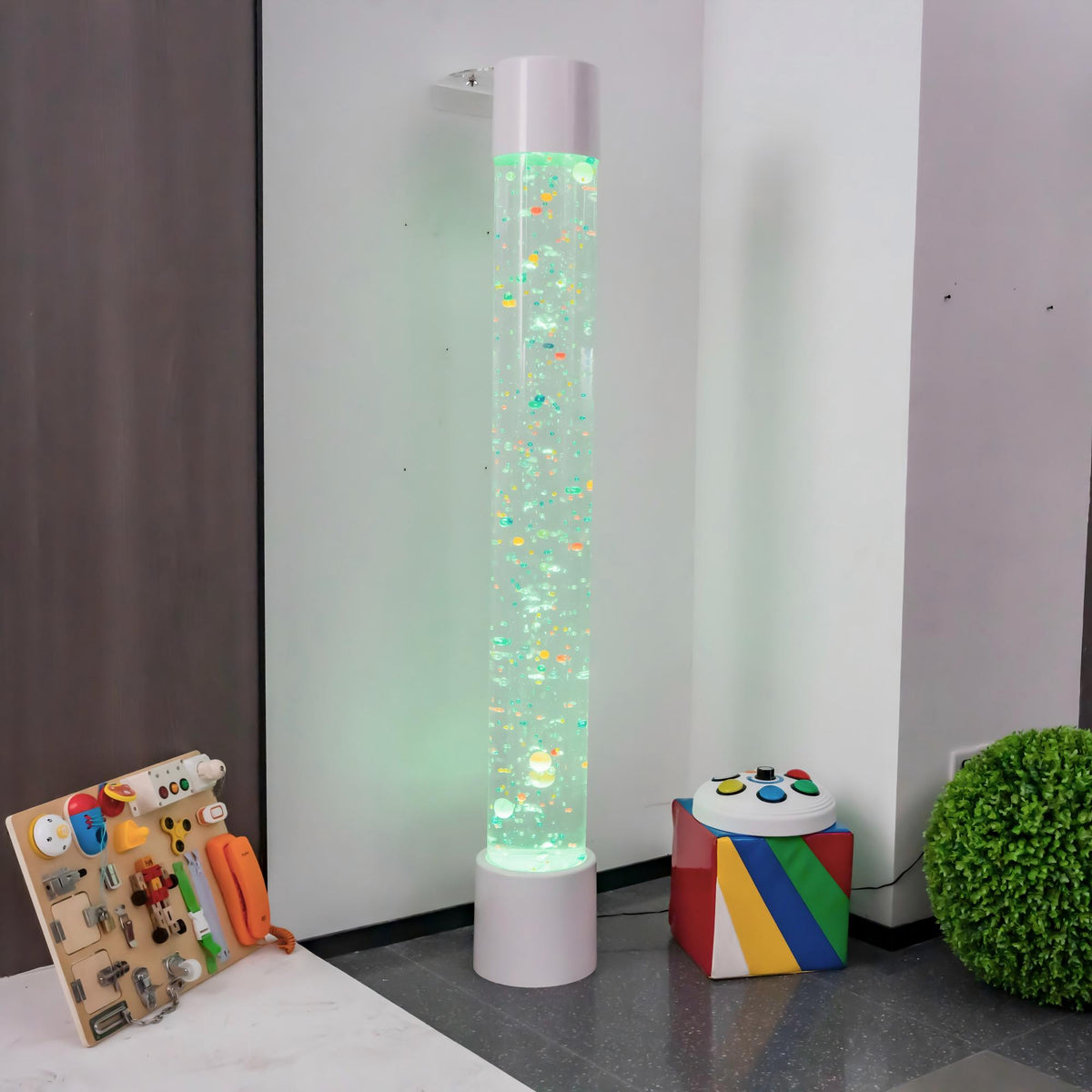 1.8m Sensory Bubble Column with Floating Ping Pong Balls (White) – Floor-Standing LED Bubble Tube Lamp with Multi-Color Remote, 36-48cm Telescopic Wall Bracket & Multi-Controller Compatibility for Snoezelen & OT Rooms (Model HTSS-1315)