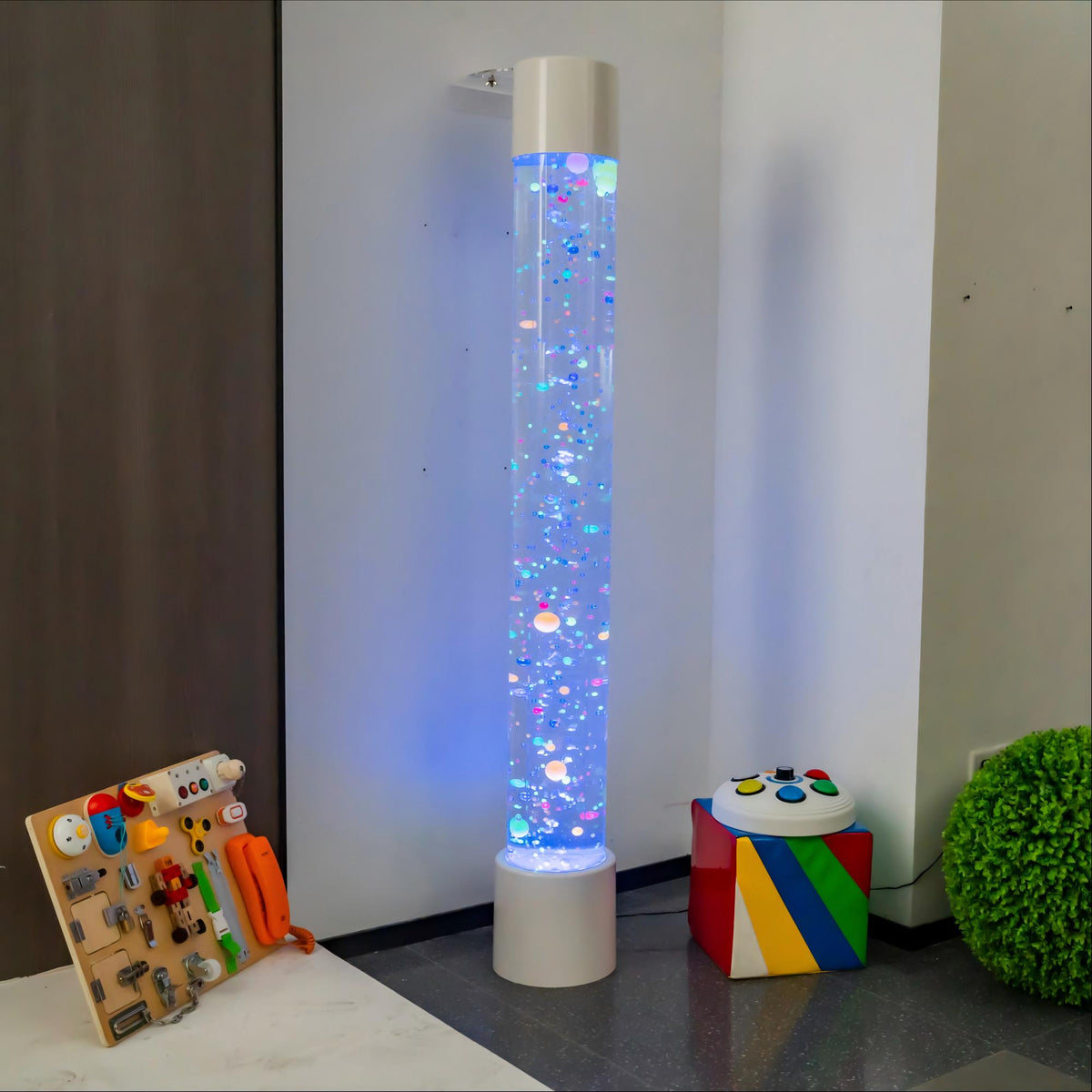 1.8m Sensory Bubble Column with Floating Ping Pong Balls (White) – Floor-Standing LED Bubble Tube Lamp with Multi-Color Remote, 36-48cm Telescopic Wall Bracket & Multi-Controller Compatibility for Snoezelen & OT Rooms (Model HTSS-1315)