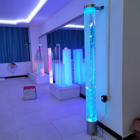 Tall Single-Layer Sensory Bubble Column – Floor-Standing LED Bubble Tube Water Lamp with Floating Simulation Fish, Multi-Color Remote & Secure Wall Brackets for Snoezelen & OT Rooms (Model HTS-13)