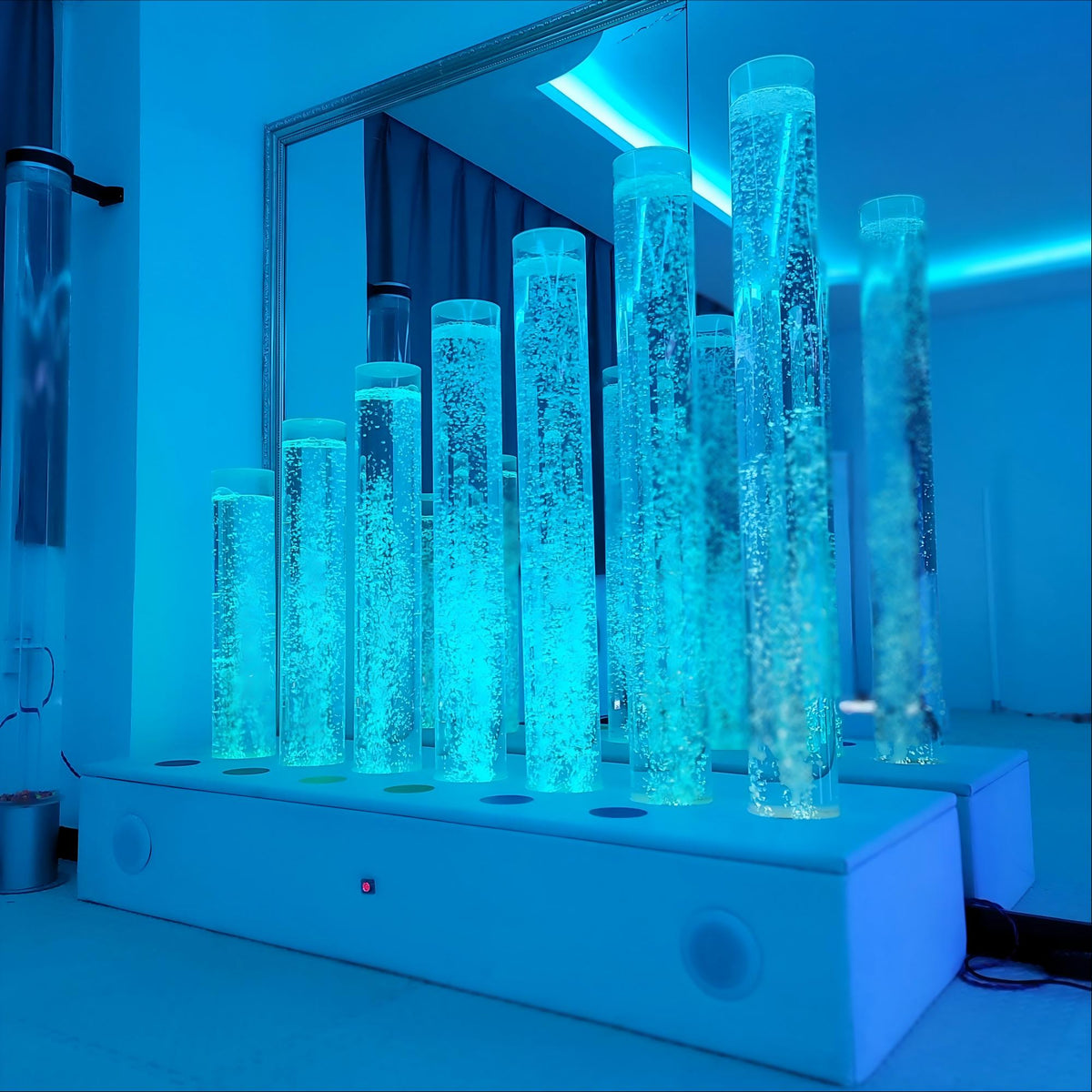 Melody Bubbles Lamp Set with Interactive Music & 7 Bubble Columns (Model HTS-18) – Multi-Sensory LED Water Column Display with PU Upholstered Bench, Dual Speakers & Push Buttons for Snoezelen & OT Rooms