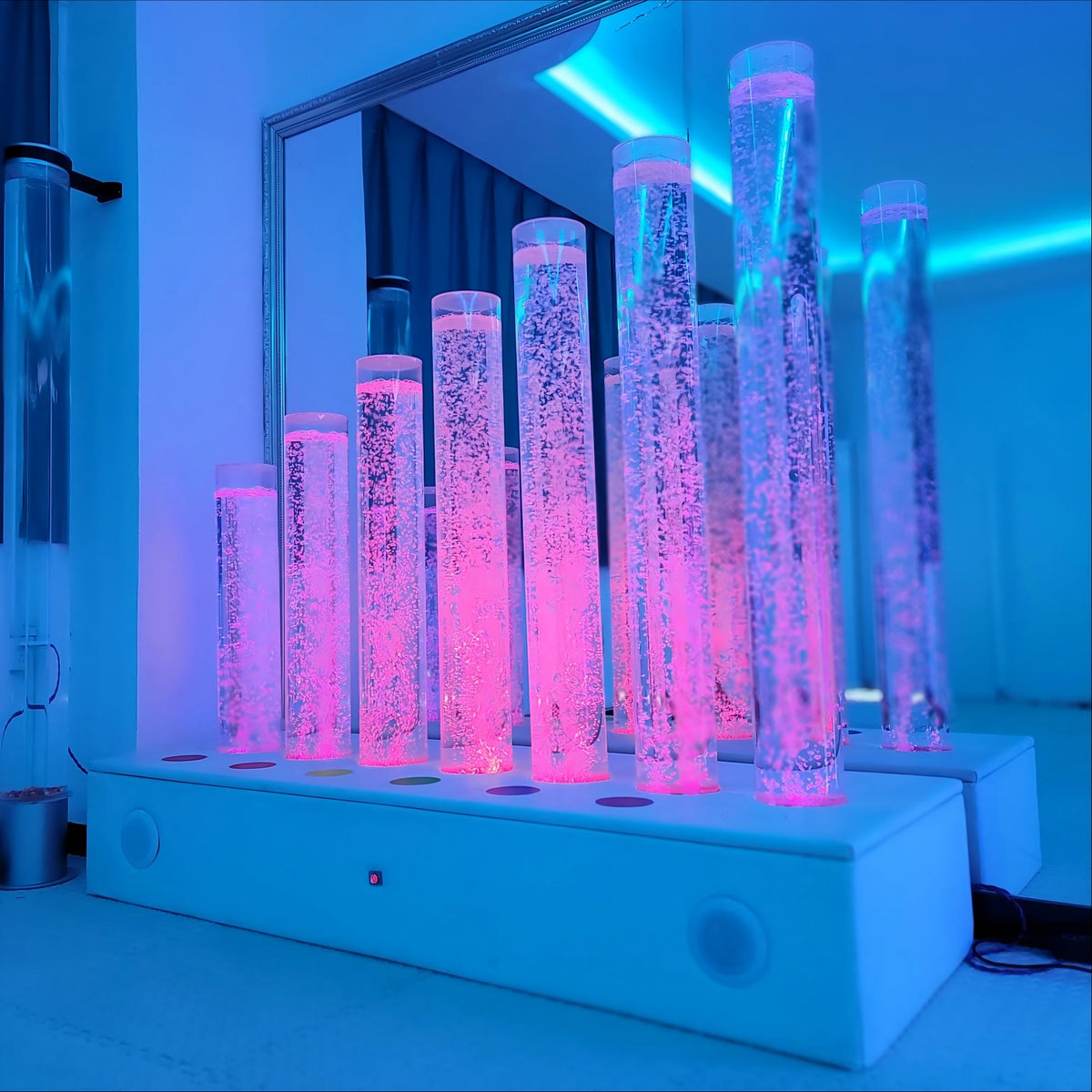 Melody Bubbles Lamp Set with Interactive Music & 7 Bubble Columns (Model HTS-18) – Multi-Sensory LED Water Column Display with PU Upholstered Bench, Dual Speakers & Push Buttons for Snoezelen & OT Rooms
