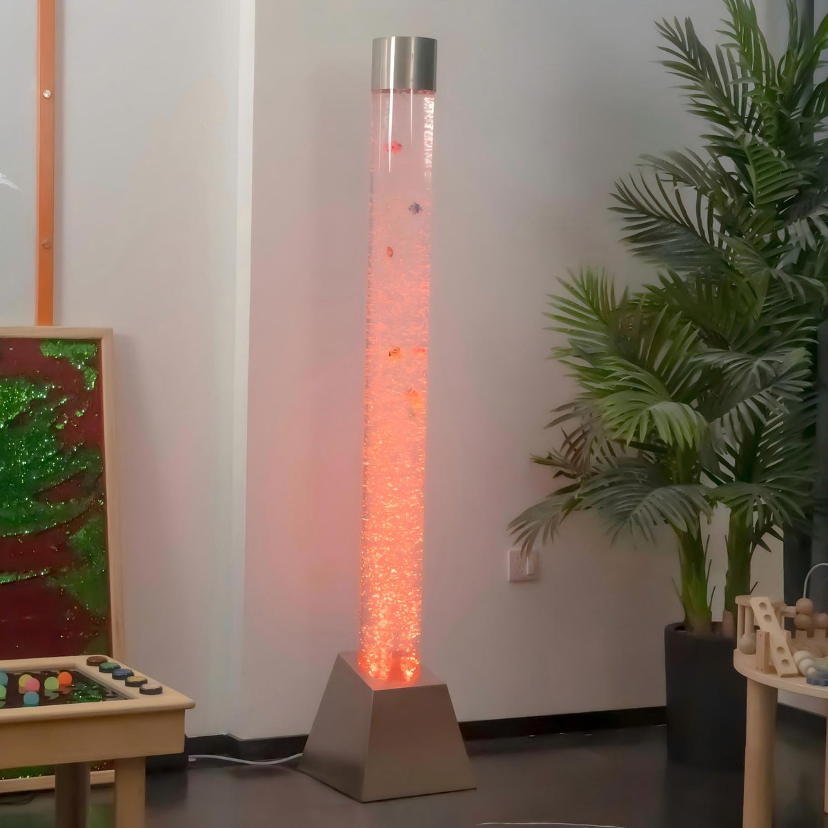 180cm Tall Stainless Steel Trapezoidal Base Sensory Bubble Column – Floor-Standing LED Bubble Tube Lamp with Simulation Fish, Multi-Color Remote, Air Pump & Multi-Controller Compatibility for Snoezelen & OT Rooms (Model HTSS13C)