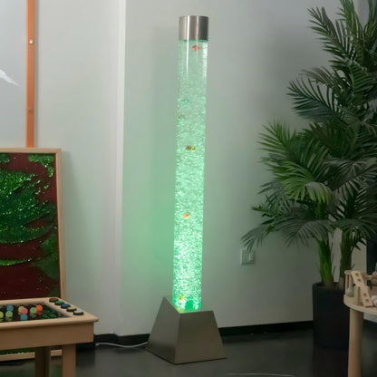180cm Tall Stainless Steel Trapezoidal Base Sensory Bubble Column – Floor-Standing LED Bubble Tube Lamp with Simulation Fish, Multi-Color Remote, Air Pump & Multi-Controller Compatibility for Snoezelen & OT Rooms (Model HTSS13C)