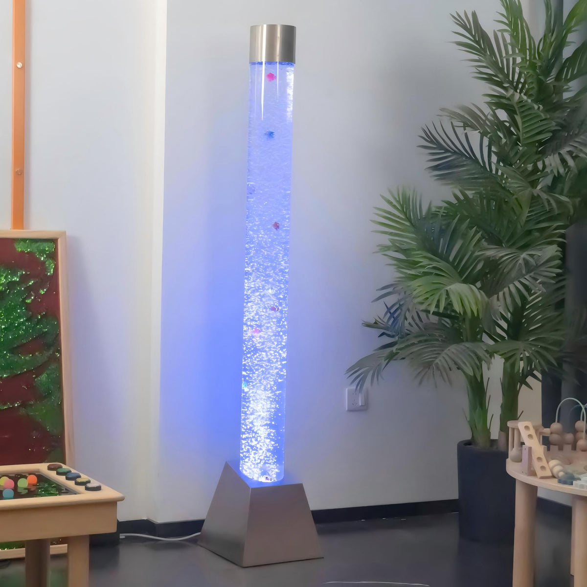 180cm Tall Stainless Steel Trapezoidal Base Sensory Bubble Column – Floor-Standing LED Bubble Tube Lamp with Simulation Fish, Multi-Color Remote, Air Pump & Multi-Controller Compatibility for Snoezelen & OT Rooms (Model HTSS13C)