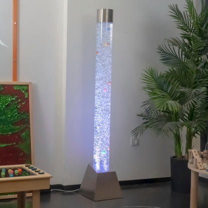 180cm Tall Stainless Steel Trapezoidal Base Sensory Bubble Column – Floor-Standing LED Bubble Tube Lamp with Simulation Fish, Multi-Color Remote, Air Pump & Multi-Controller Compatibility for Snoezelen & OT Rooms (Model HTSS13C)