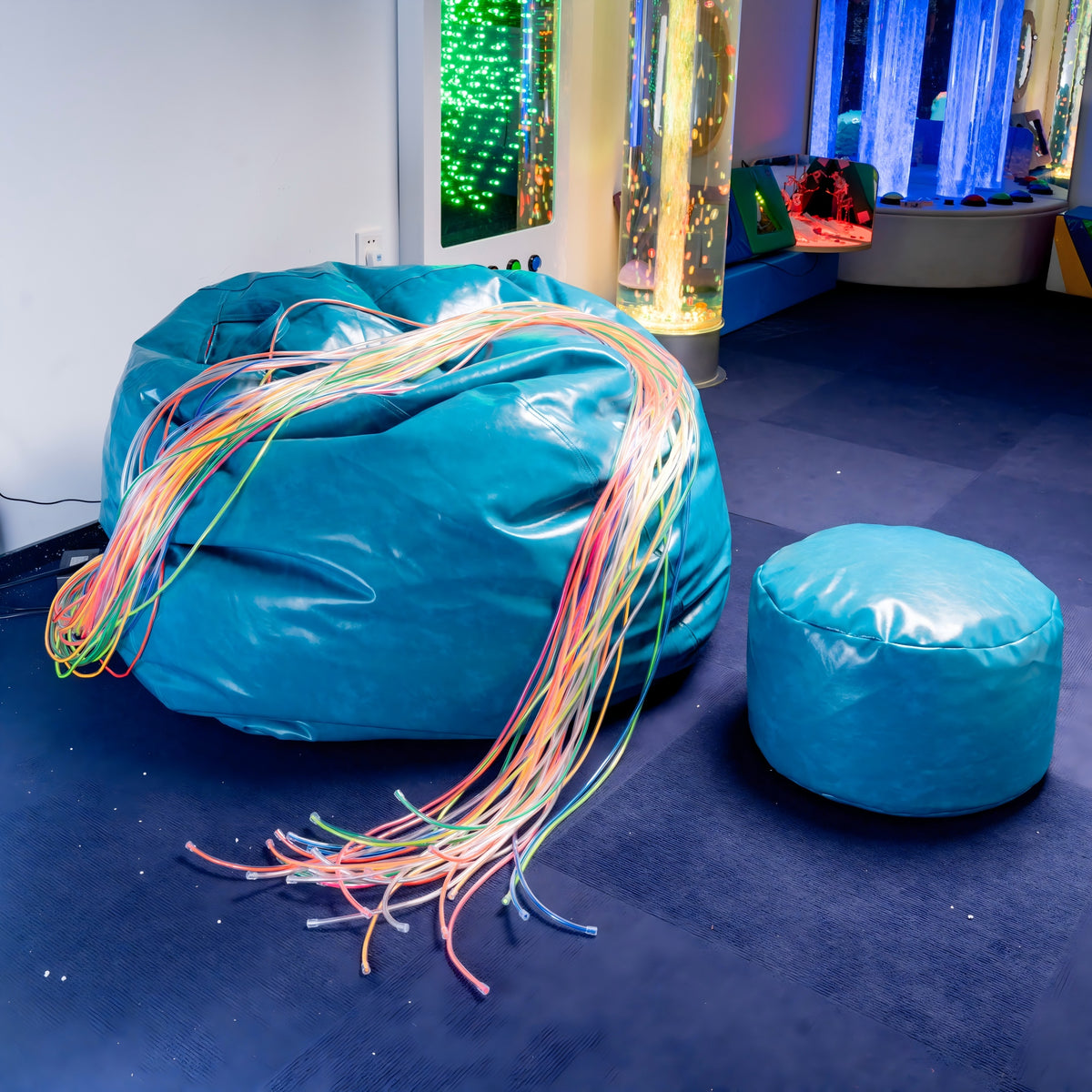 Sensory Fiber Optic Bean Bag Chair with Ottoman Set – Bluetooth Music Pod with Glow Fiber Strands & Noise-Cancelling Headphone for Autism & Sensory Rooms