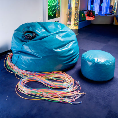 Sensory Fiber Optic Bean Bag Chair with Ottoman Set – Bluetooth Music Pod with Glow Fiber Strands & Noise-Cancelling Headphone for Autism & Sensory Rooms