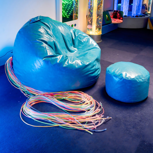 Sensory Fiber Optic Bean Bag Chair with Ottoman Set – Bluetooth Music Pod with Glow Fiber Strands & Noise-Cancelling Headphone for Autism & Sensory Rooms