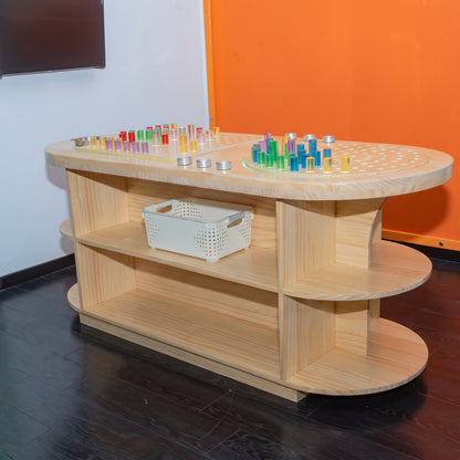 Dual-Zone Dimmable Sensory Light Table with Pegboard (120x60cm) – Wooden Activity Station with Storage Shelves & Light-Up Pegs for Kids, OT & Montessori Classrooms