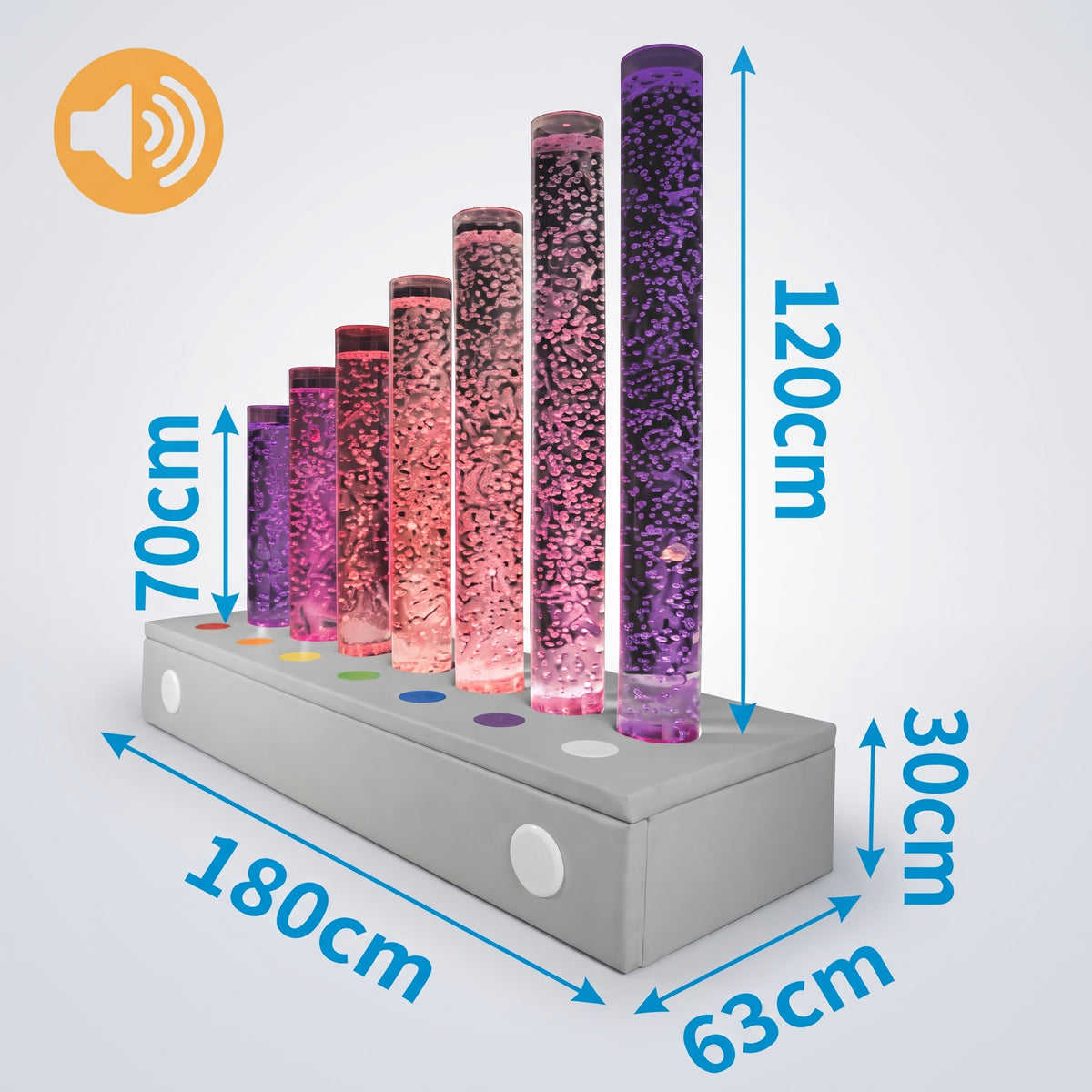 Melody Bubbles Lamp Set with Interactive Music & 7 Bubble Columns (Model HTS-18) – Multi-Sensory LED Water Column Display with PU Upholstered Bench, Dual Speakers & Push Buttons for Snoezelen & OT Rooms